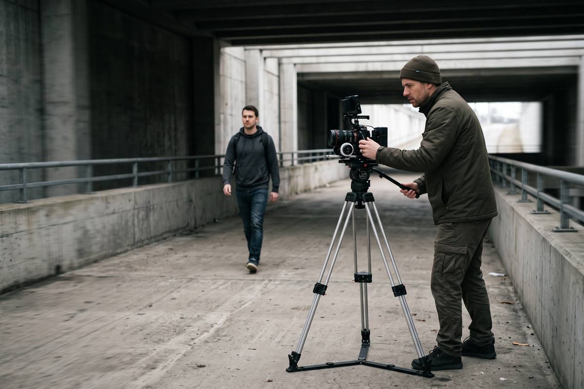 Camera on a tripod tracking a person walking in a concrete underpass