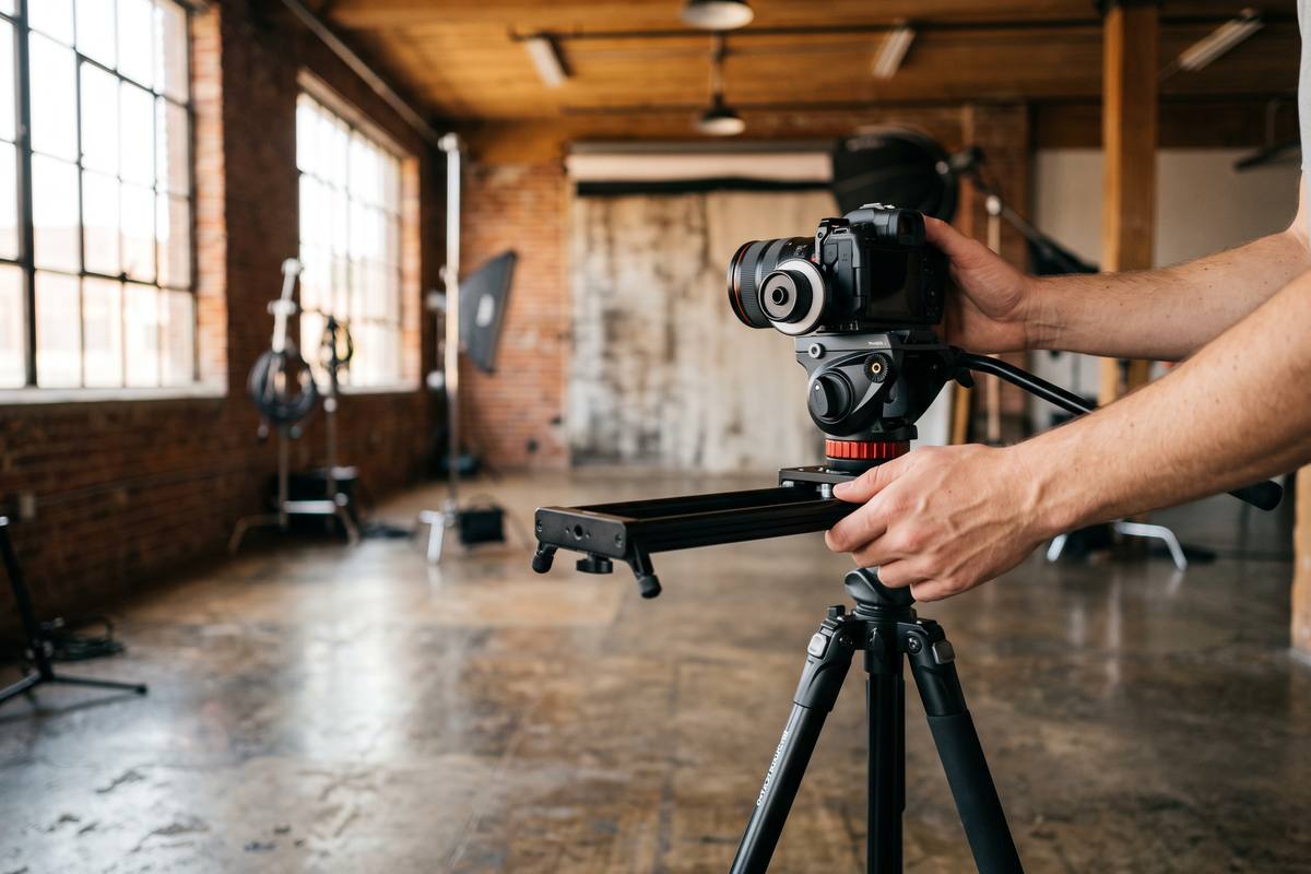 Hands guiding a camera slider mounted on a tripod in a loft studio