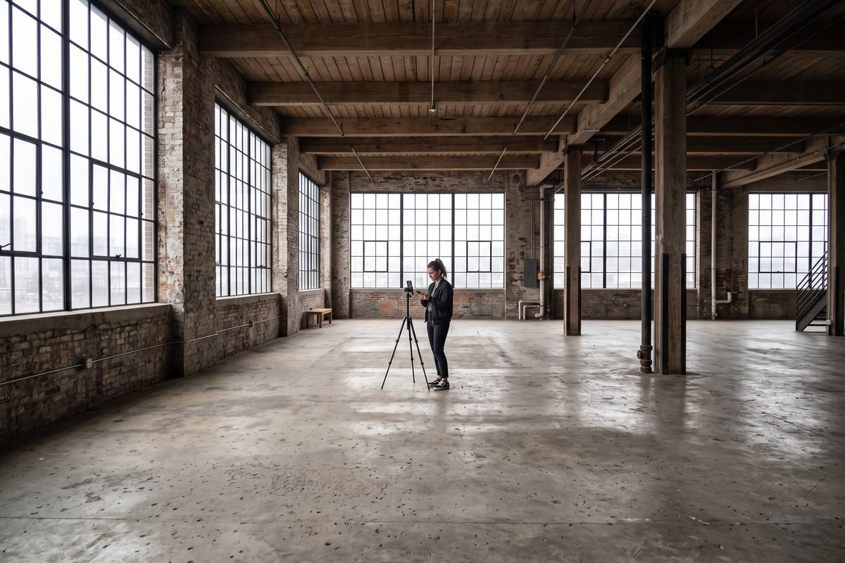 Wide empty loft space where a creator prepares a shot with a tripod