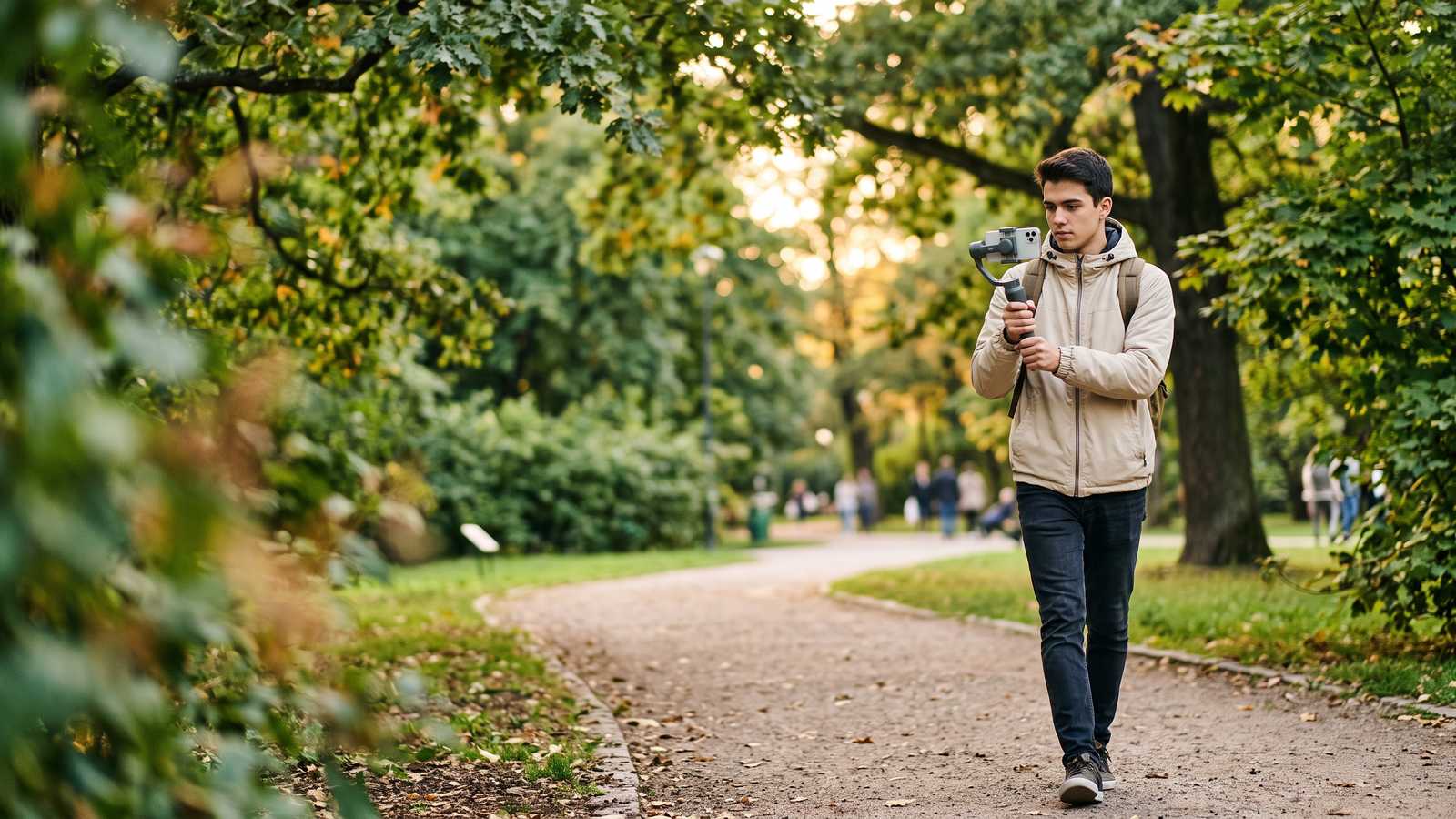 Creator moving through a park while filming with a phone on a gimbal